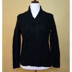 Nautica Heavy Knit Sweater Shawl Neck Cotton Black Pullover Cable Size L Womens